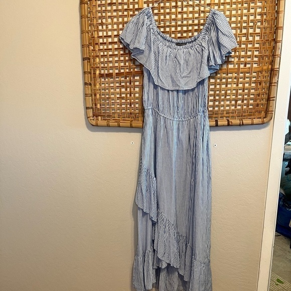 SANS SOUCI High Low Ruffled off shoulder Maxi Dress Blue White Stripe m - Picture 2 of 9